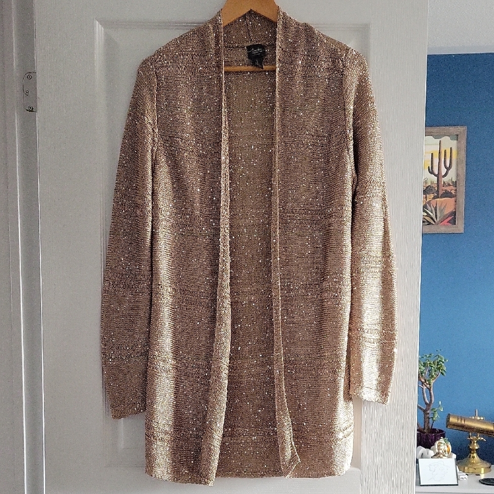 Travelers Collection By Chico's Long Gold Slinky Knit Sequin Cardigan Sweater